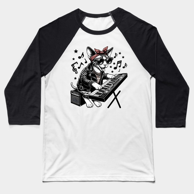 Devon Rex Cat Playing Keyboard Baseball T-Shirt by Graceful Designs